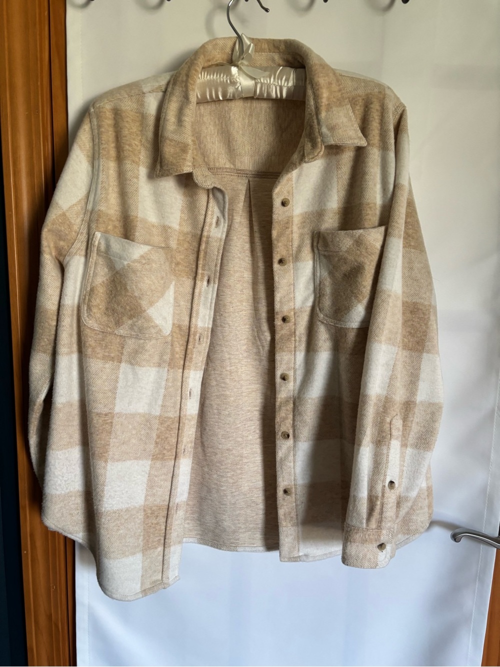 Neutral Plaid Button-Up Shacket - Beige & Cream